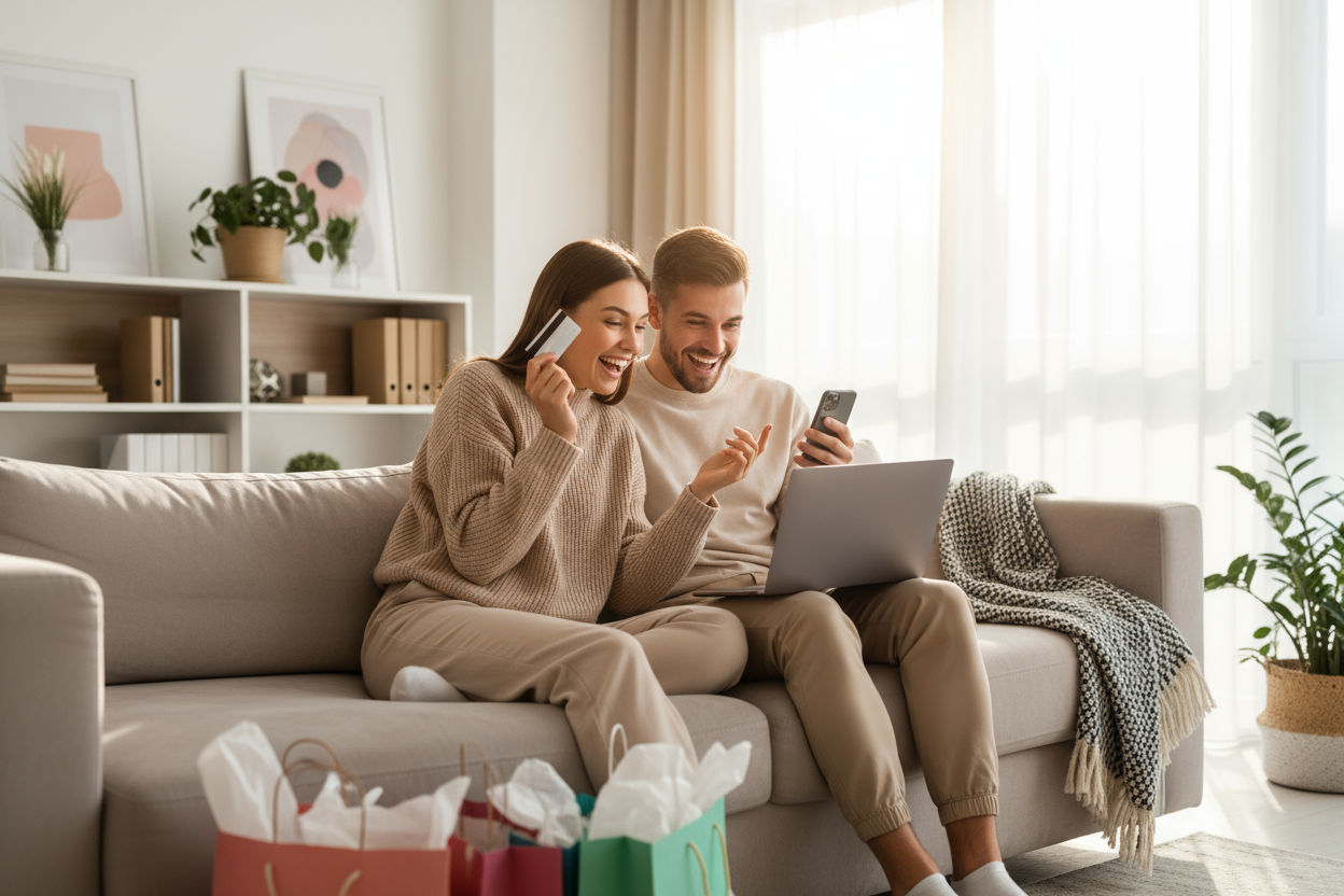 una imagen de dos personas haciendo compras felices en internet